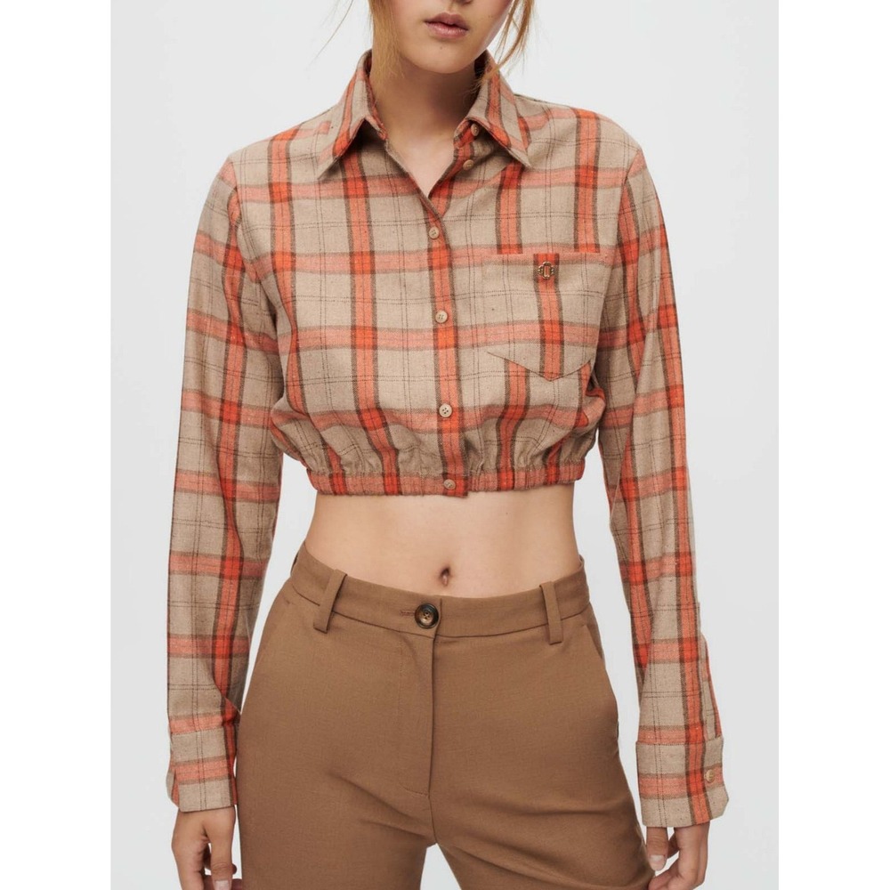 Maje Camel and Orange Plaid Crop Shirt MFPCM00357 Button Down Size 1 Small